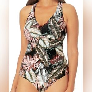 Hurley Tropical Print One Piece Swimsuit - Black and Pink
